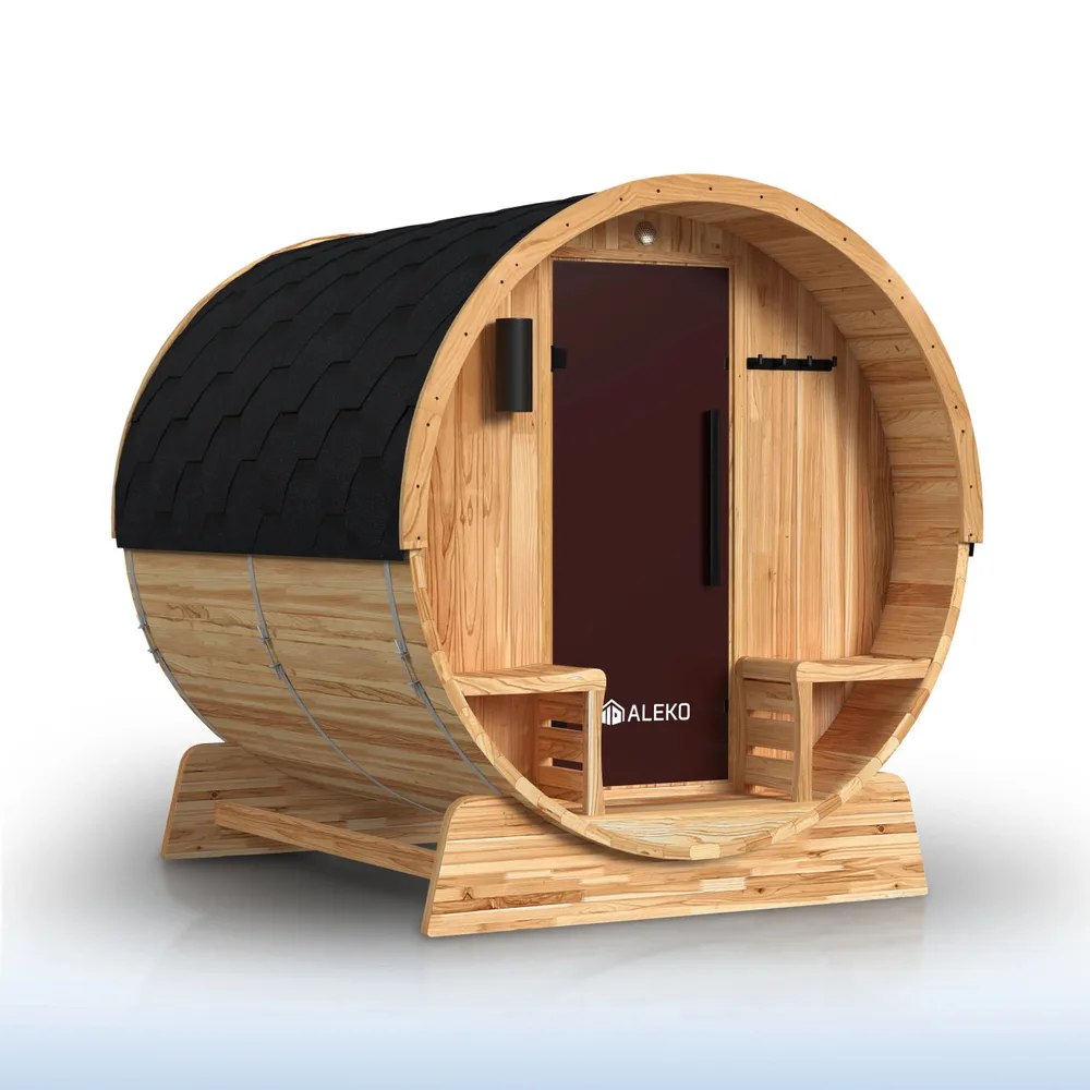 ALEKO Liatris SB4CED cedar barrel sauna with front porch canopy and black shingle roof, studio shot