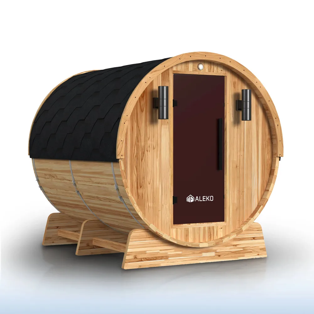 ALEKO eight person red cedar barrel sauna with front porch