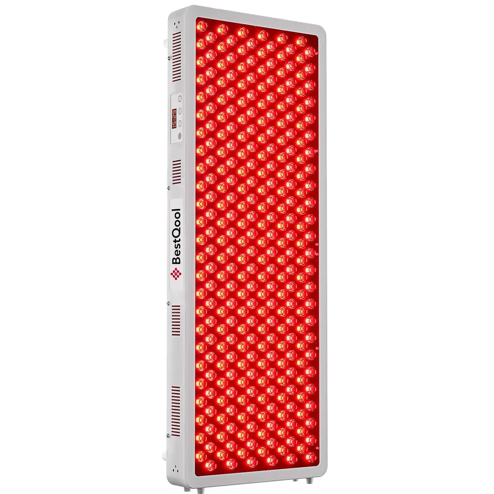 Bestqool Pro300 red light panel standing upright with LEDs lit