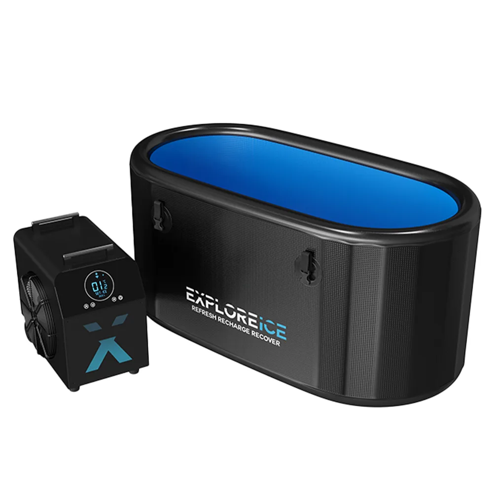 Explore X1 ice plunge tub in black with its matching water chiller unit, studio shot