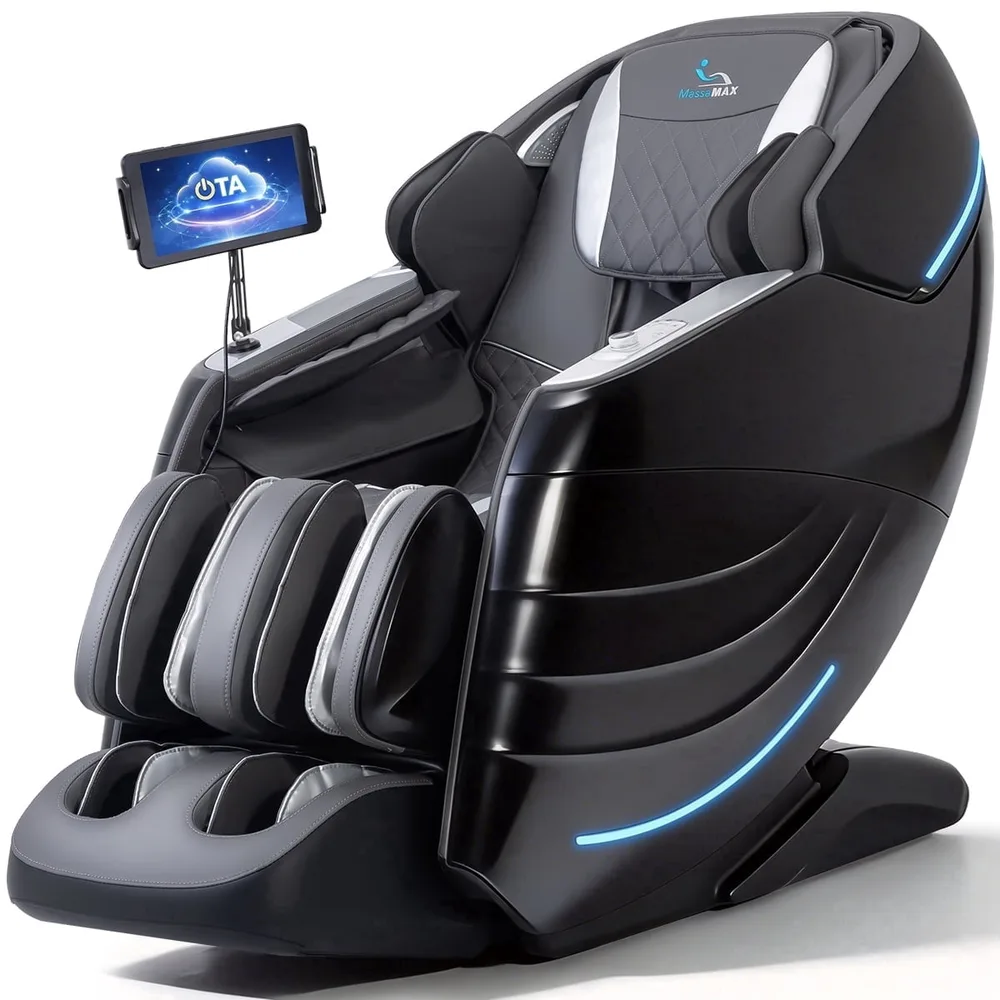iRest A306 massage chair in black with gray pads, tablet controller, and blue lighting accents