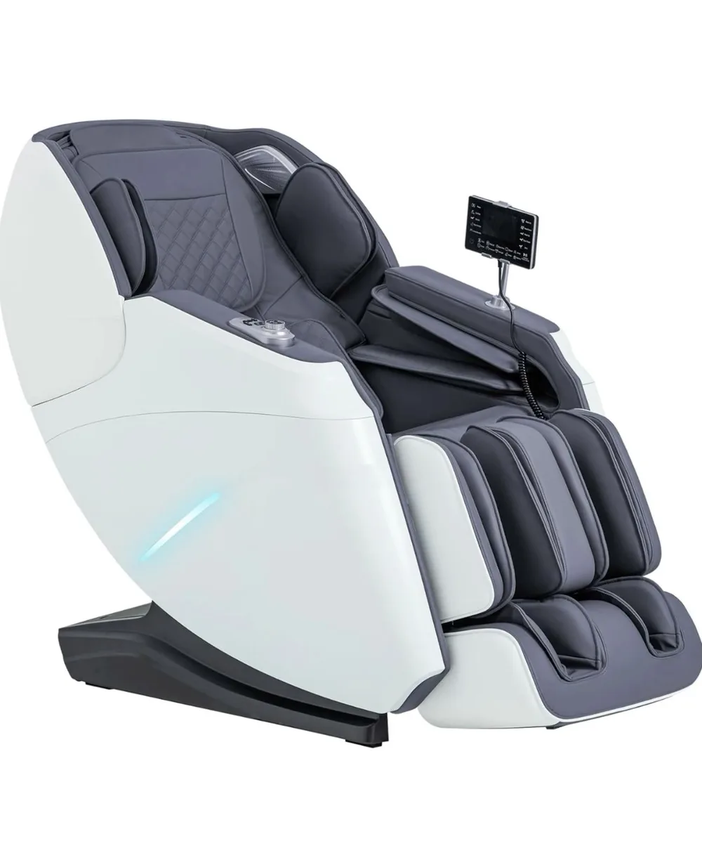 MassaMAX MD306 Pro massage chair in white and gray with a tablet remote