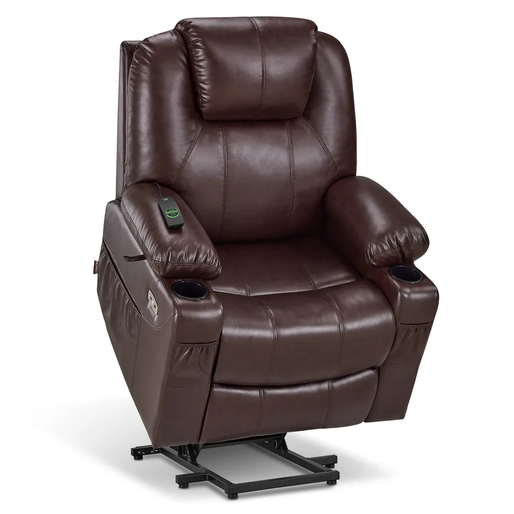 Mcombo 7040 power lift recliner in brown faux leather with cup holders
