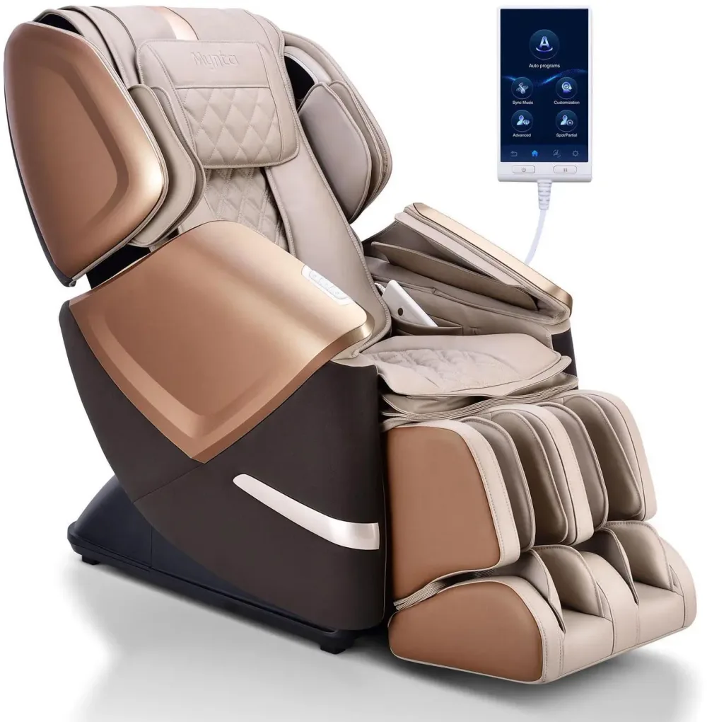 MYNTA MC4100 massage chair in beige and gold with a touchscreen remote