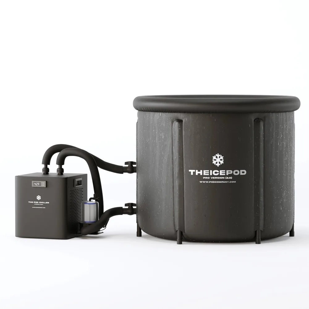 The Ice Pod Pro tub in black connected to its chiller unit
