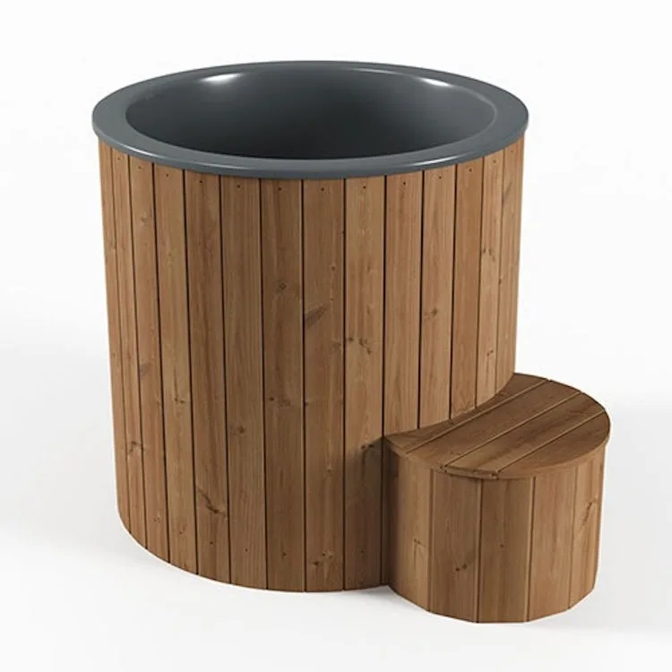 SaunaLife Model S1 immersion tub in natural Thermo-Pine with entry step, studio shot